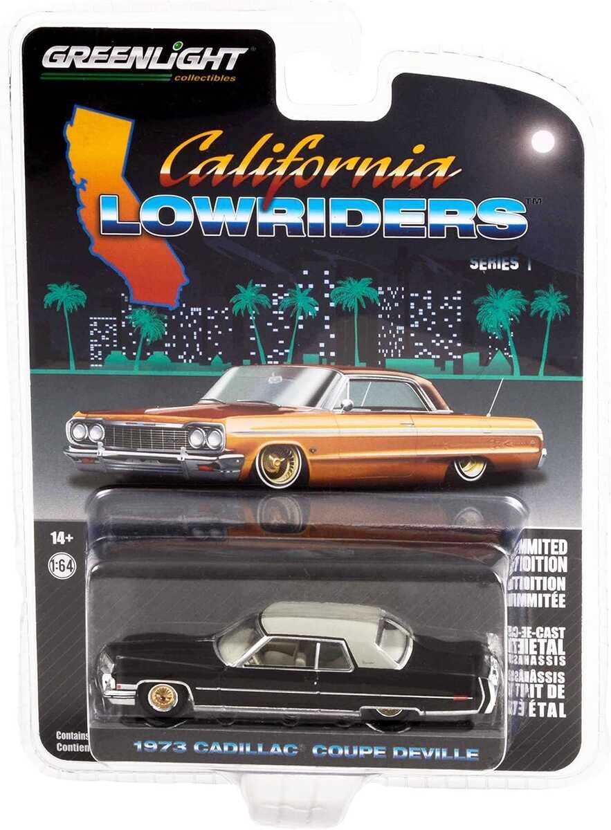 Greenlight California Lowriders Series 1 - 1973 Cadillac Coupe deVille - Black with Gold Wheels Solid Pack