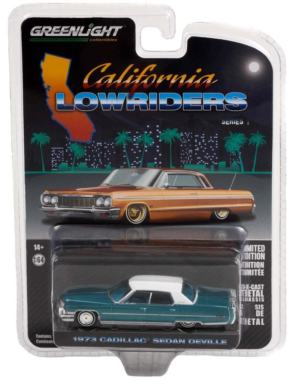 Greenlight California Lowriders Series 1 - 1973 Cadillac Sedan deVille - Teal with White Roof Solid Pack
